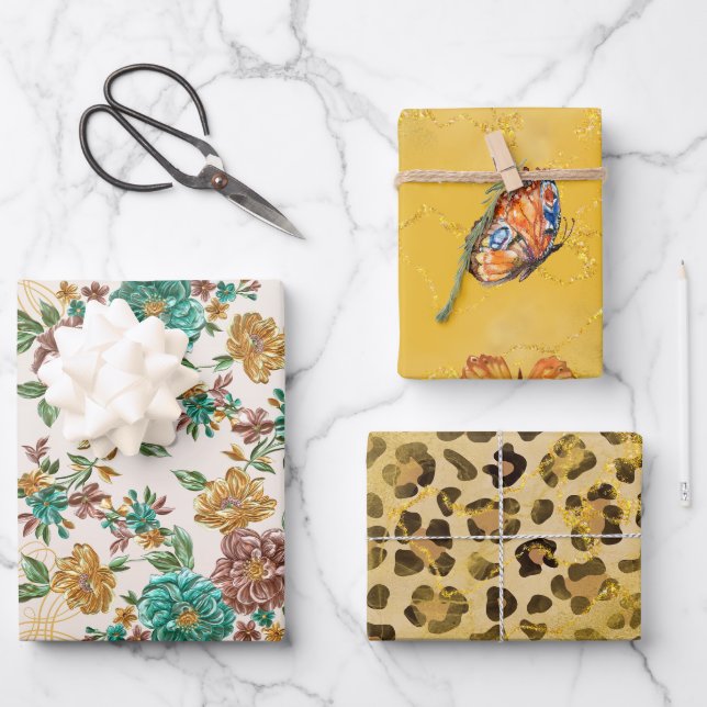 Feuille De Papier Cadeau Papillons floraux animaux Safari Imprimer (Recto)