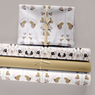Feuille De Papier Cadeau Papillons Floraux Et Or Découpage