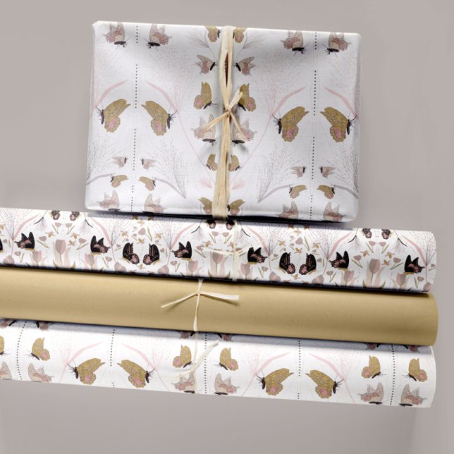 Feuille De Papier Cadeau Papillons Floraux Et Or Découpage (Elegant Gold Black Butterflies Bees Pink Tulips Wrapping Paper Sheets. Jenn Steffen-Studio Posies)