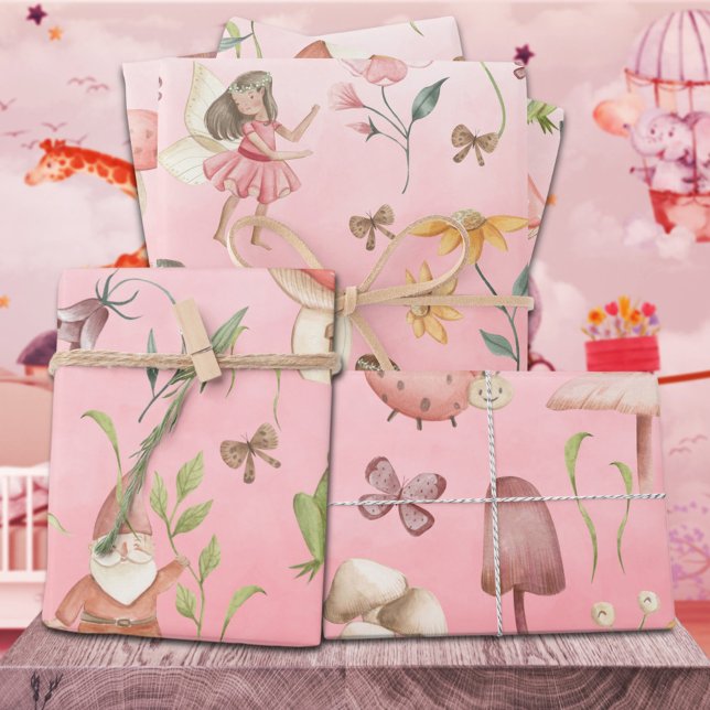 Feuille De Papier Cadeau Papillons Gnomes & Fées ailées Jardin Rose (Butterflies Gnomes & Winged Fairies Garden Pink Kids Gift Wrapping Paper Sheets Trio)