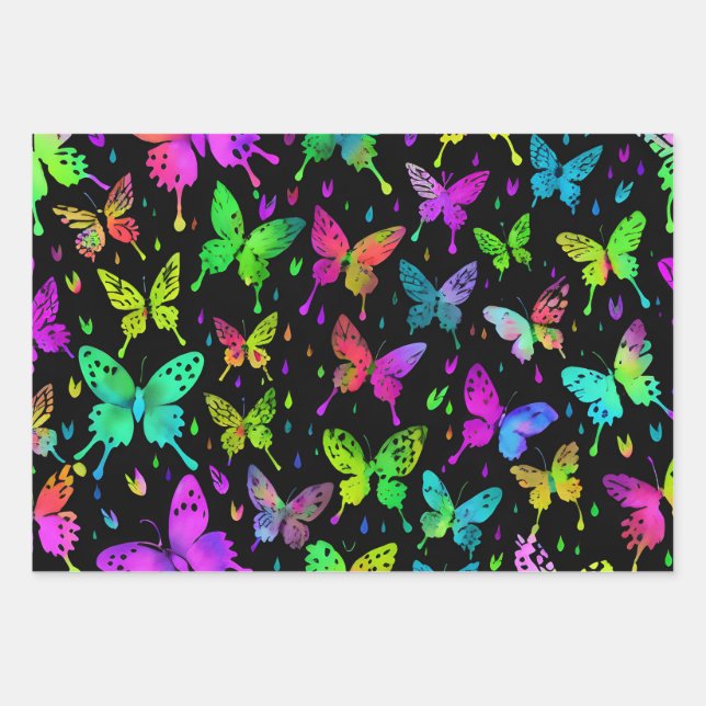Feuille De Papier Cadeau Papillons néon sur Black Arrière - plan Vibrant (Devant 2)