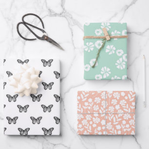 Feuille De Papier Cadeau Papillons noirs Fleurs pastel