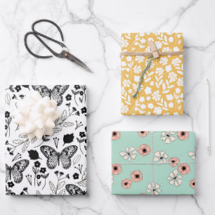 Feuille De Papier Cadeau Papillons noirs Fleurs pastel