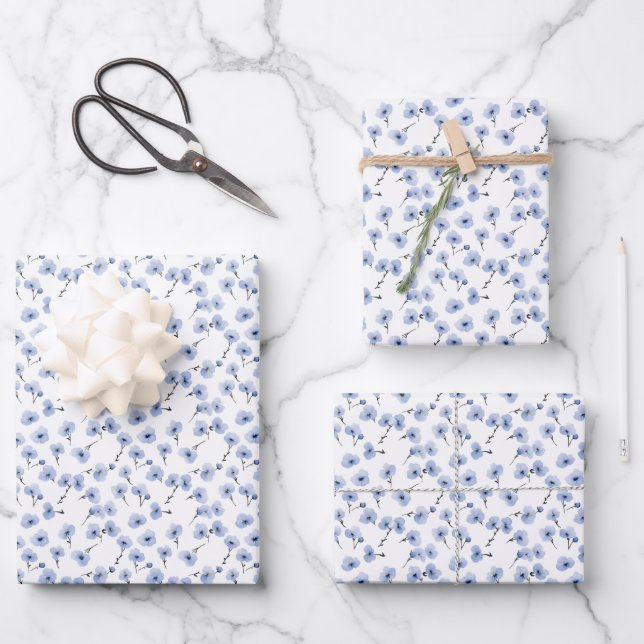 Feuille De Papier Cadeau Pâquerettes bleues sur fond blanc  (Recto)