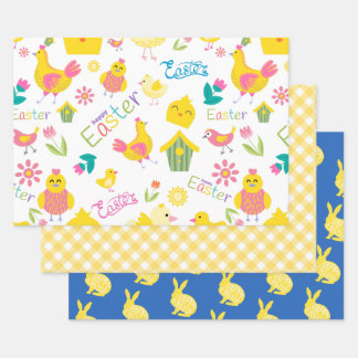 Feuille De Papier Cadeau Pâques Jaune Cute Chicks and Bunnies
