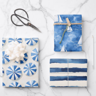 Feuille De Papier Cadeau Parasols Bateaux Rayures Côte d'Azur Bleue