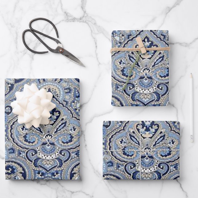 Feuille De Papier Cadeau Paris Paisley Indigo (Recto)