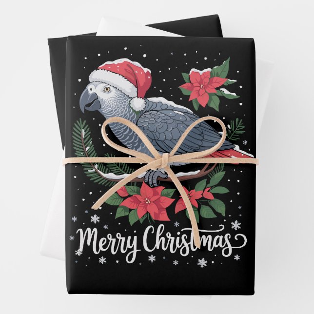 Feuille De Papier Cadeau Parrot gris africain de Noël (En situation)