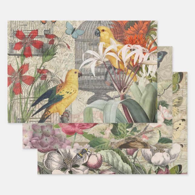 Feuille De Papier Cadeau Parrot Jaune Tropical Antique Fleur (Lot)
