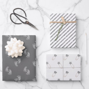 Feuille De Papier Cadeau Parties scintillant Argent Pieds bébé Baby shower 