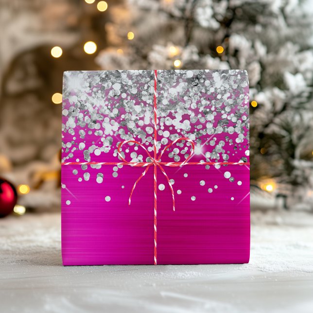 Feuille De Papier Cadeau Parties scintillant argentée brillante Faux rose c (Sparkly Silver Glitter Hot Pink Faux Foil Wrapping Paper Sheets)