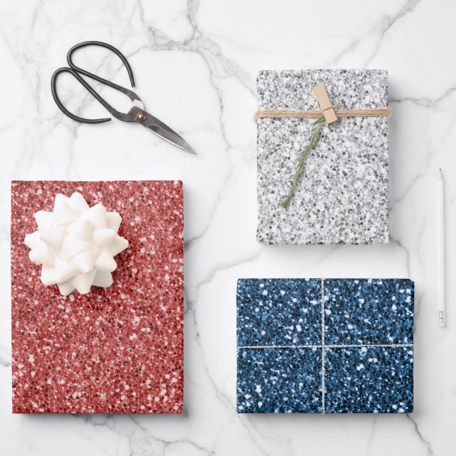 Feuille De Papier Cadeau Parties scintillant bleu argent blanc rouge (Recto)