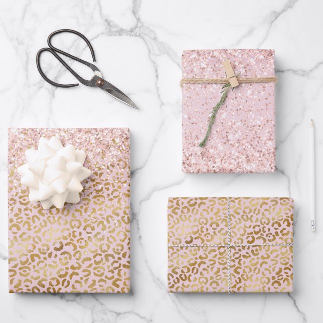 Feuille De Papier Cadeau Parties scintillant Blush Empreinte de léopard ros (Recto)