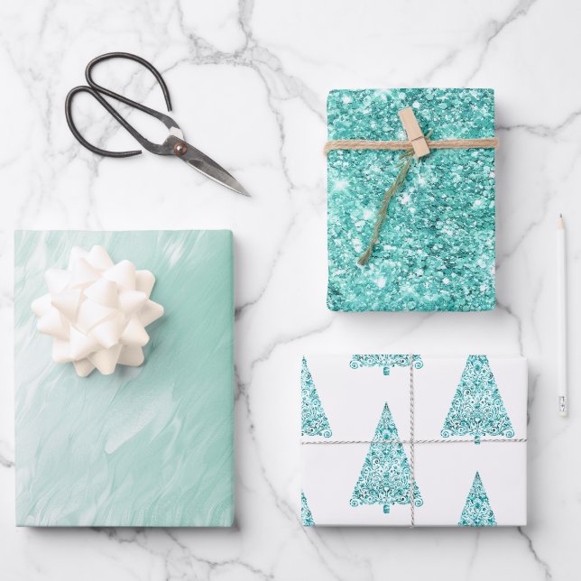 Feuille De Papier Cadeau Parties scintillant Chic White Mint Christmas Tree (Recto)