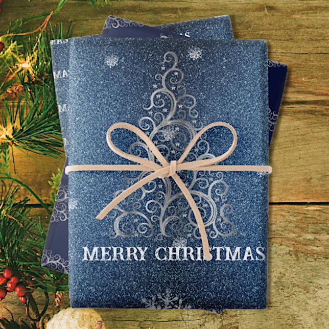 Feuille De Papier Cadeau Parties scintillant d'arbre de Noël et flocons de  (Blue Christmas Tree Glitter and Snowflakes Wrapping Paper Sheets)