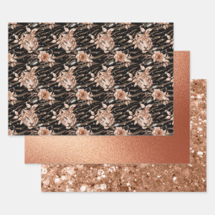 Feuille De Papier Cadeau Parties scintillant de verre floral de tigre d'or