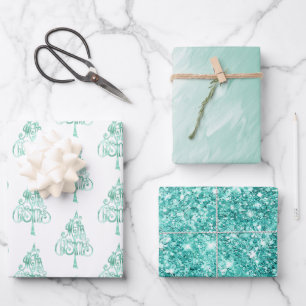 Feuille De Papier Cadeau Parties scintillant de verre vert à la menthe Noël