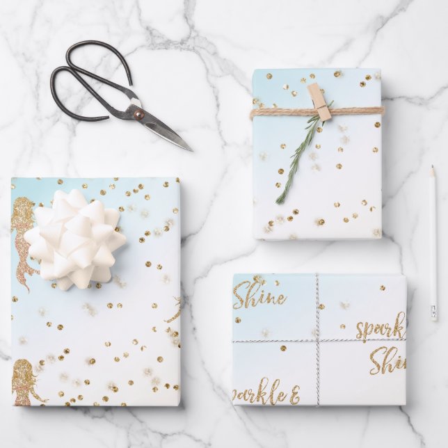 Feuille De Papier Cadeau Parties scintillant d'étincelle Aqua Gold Mermaid  (Recto)