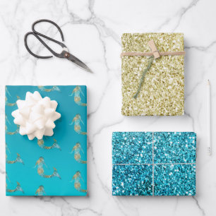 Feuille De Papier Cadeau Parties scintillant d'or Aqua étincelle Mermaid
