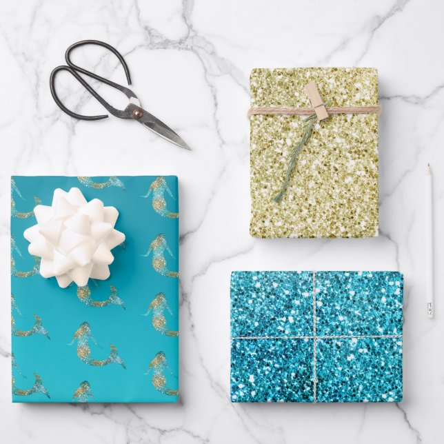 Feuille De Papier Cadeau Parties scintillant d'or Aqua étincelle Mermaid (Recto)