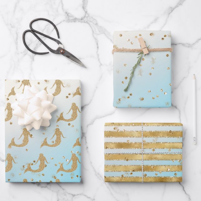 Feuille De Papier Cadeau Parties scintillant d'or Aqua Mermaid Glitz Sparkl (Recto)