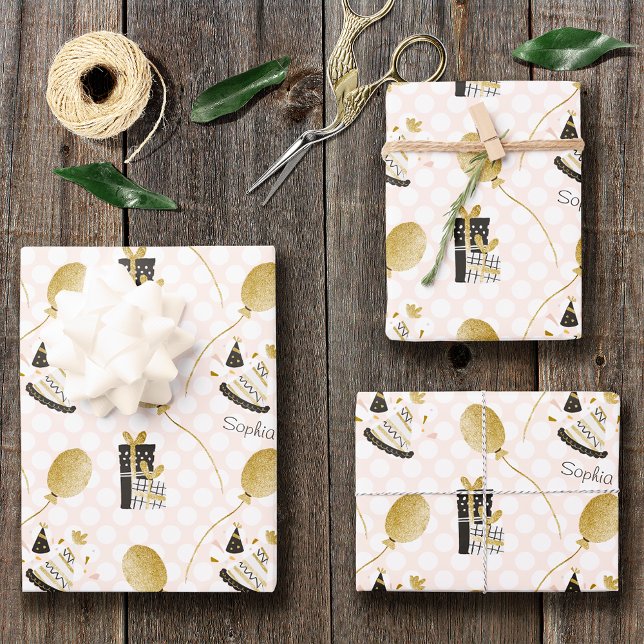 Feuille De Papier Cadeau Parties scintillant d'or Ballons et Casquettes de  (Créateur téléchargé)