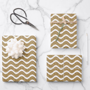 Feuille De Papier Cadeau Parties scintillant d'or blanc Chevron raypes