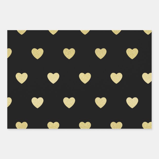 Feuille De Papier Cadeau Parties scintillant d'or Coeur métallique Noir Rou (Devant)