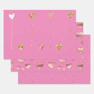 Feuille De Papier Cadeau Parties scintillant d'or Coeurs de Glam rose