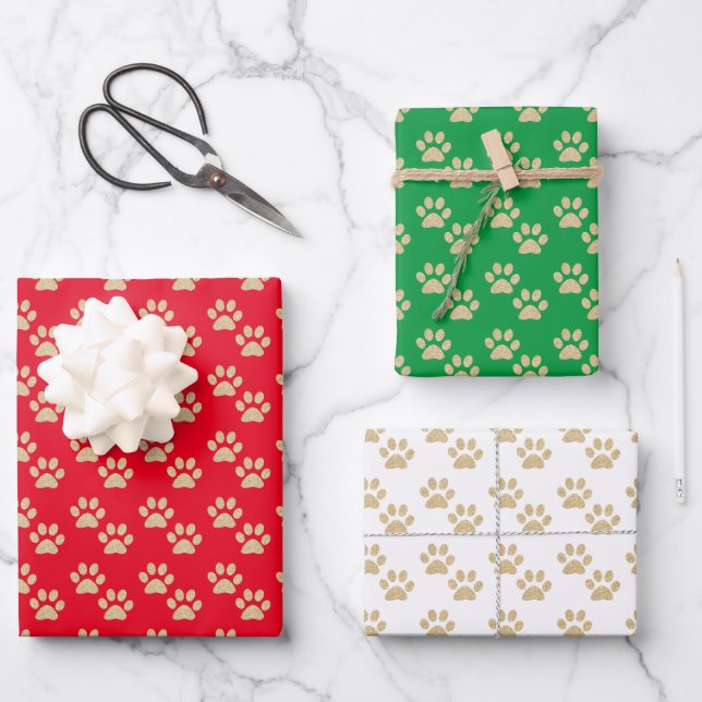 Feuille De Papier Cadeau Parties scintillant d'or Empreintes de pattes Anim (Recto)