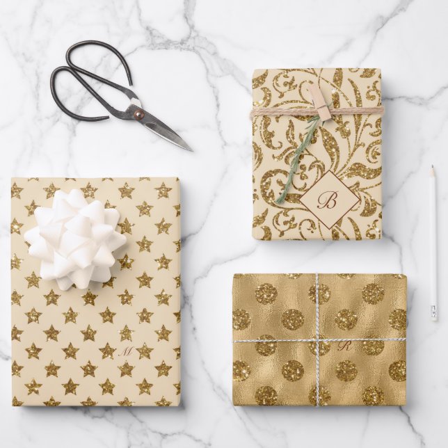 Feuille De Papier Cadeau Parties scintillant d'or Foil Motif Monogramme Noë (Recto)