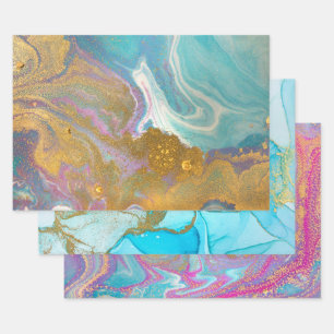 Feuille De Papier Cadeau Parties scintillant d'or rose Aqua Bleu Marbré