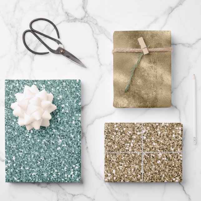Feuille De Papier Cadeau Parties scintillant dorée Sparkle Green Glitz (Recto)