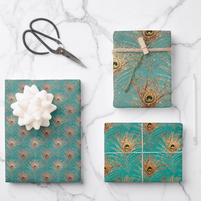 Feuille De Papier Cadeau Parties scintillant élégante Peacock Feathers Moti (Recto)