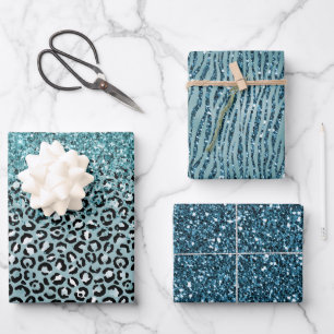 Feuille De Papier Cadeau Parties scintillant Empreinte de léopard bleu turq