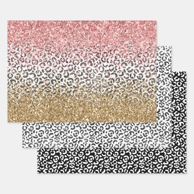 Feuille De Papier Cadeau Parties scintillant Empreinte de léopard rose noir (Lot)