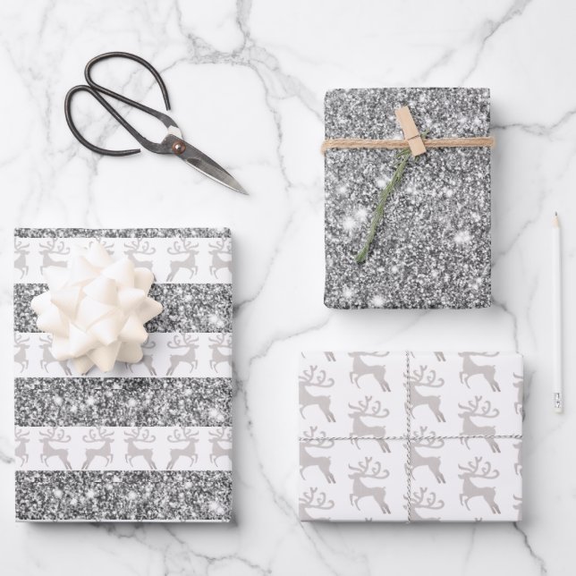 Feuille De Papier Cadeau Parties scintillant en argent de cerf de Noël (Recto)