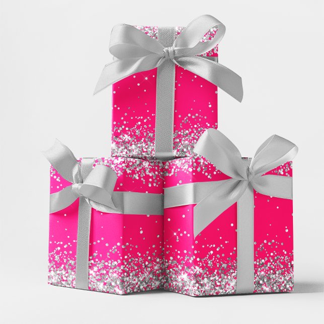 Feuille De Papier Cadeau Parties scintillant en argent et rose chaud (Silver Glitter and Hot Pink Wrapping Paper Sheets)