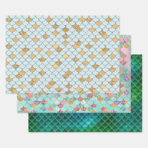 Feuille De Papier Cadeau Parties scintillant en or bleu de Mermaid