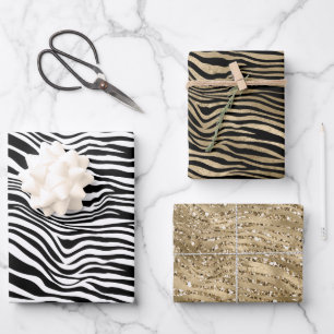 Feuille De Papier Cadeau Parties scintillant en or noir et blanc Zebra Prin