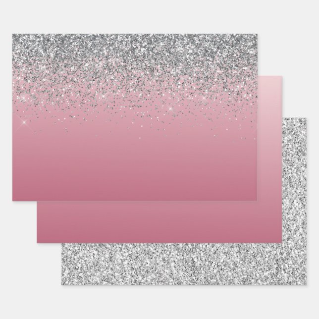 Feuille De Papier Cadeau Parties scintillant étincelante rose argent     (Lot)