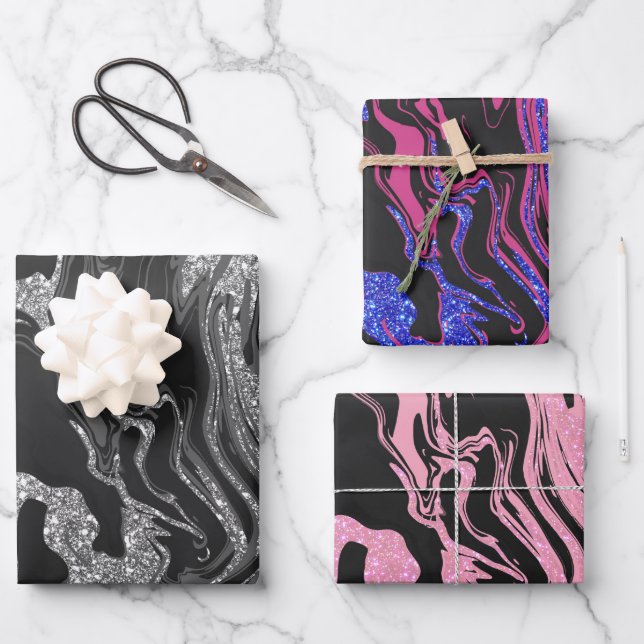 Feuille De Papier Cadeau Parties scintillant moderne en gris noir (Recto)