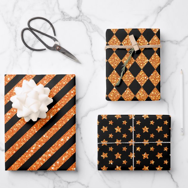FEUILLE DE PAPIER CADEAU PARTIES SCINTILLANT NOIRE ET ORANGE REGARDEZ HALLO (Recto)