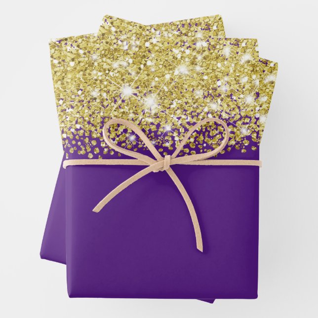 Feuille De Papier Cadeau Parties scintillant or parkly Royal Purple Faux (En situation)