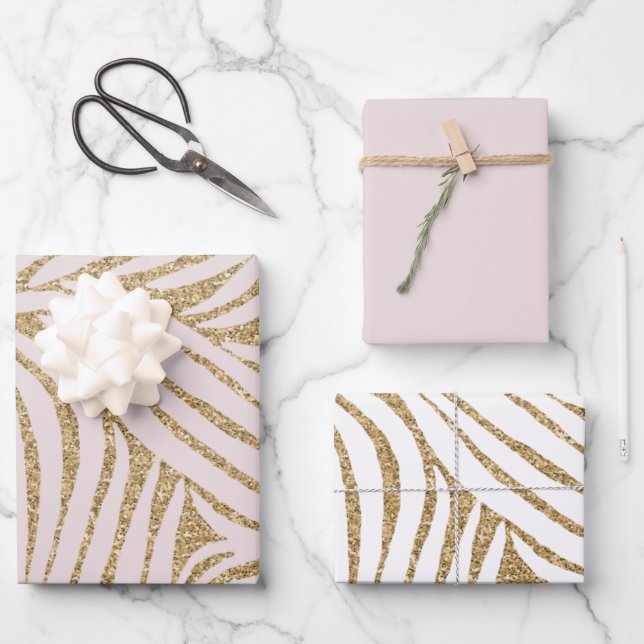 Feuille De Papier Cadeau Parties scintillant or rose pâle Zebra Anniversair (Recto)