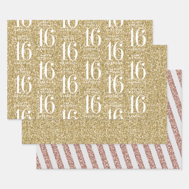 Feuille De Papier Cadeau Parties scintillant or Sweet 16 bandes personnalis (Lot)