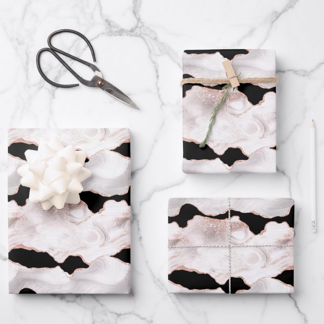 Feuille De Papier Cadeau Parties scintillant rose or Agate noir blanc (Recto)