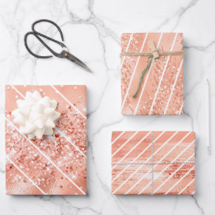 Feuille De Papier Cadeau Parties scintillant rose or Glam Motif blanc