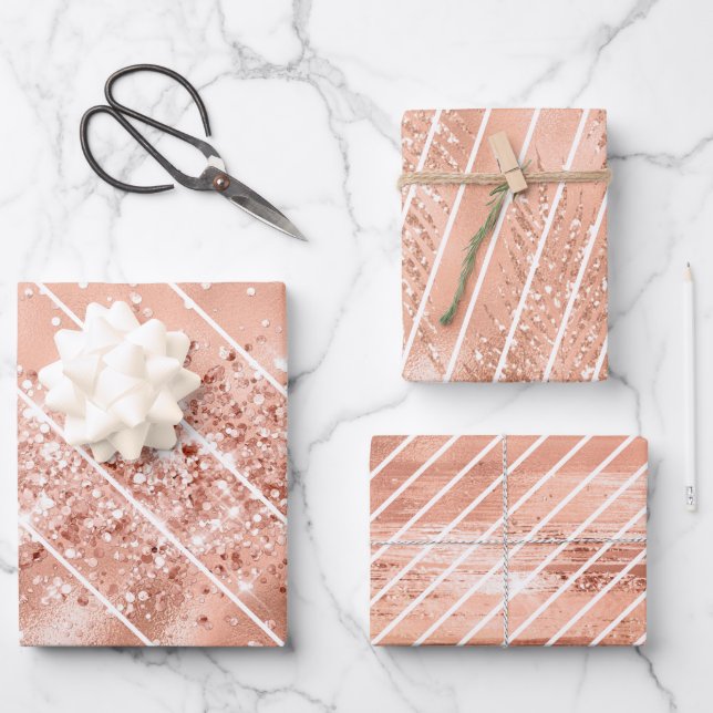 Feuille De Papier Cadeau Parties scintillant rose or Glam Motif blanc (Recto)