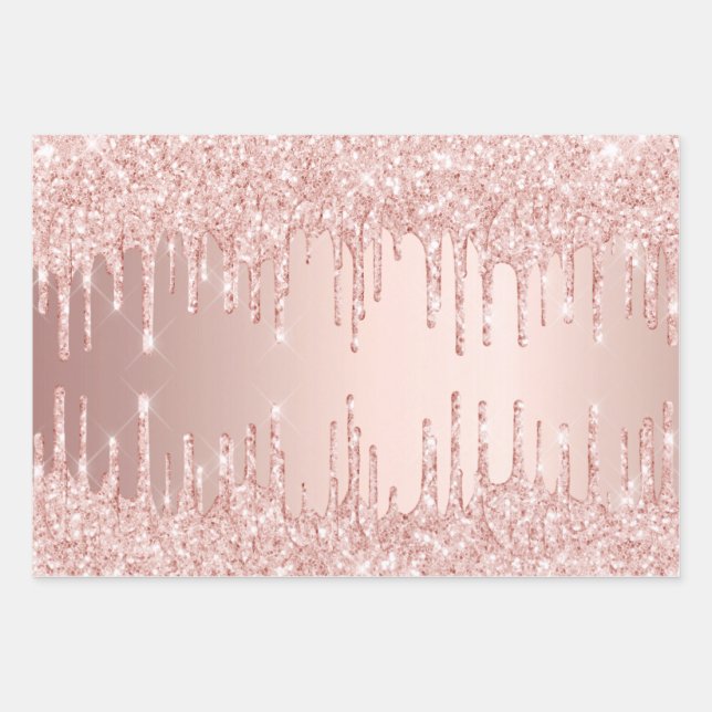 Feuille De Papier Cadeau parties scintillant rose or gouttes rose brillant  (Devant)